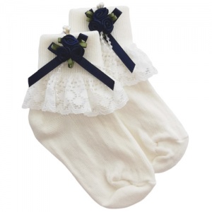 Girls Ivory Lace Socks with Navy Rosebud Cluster